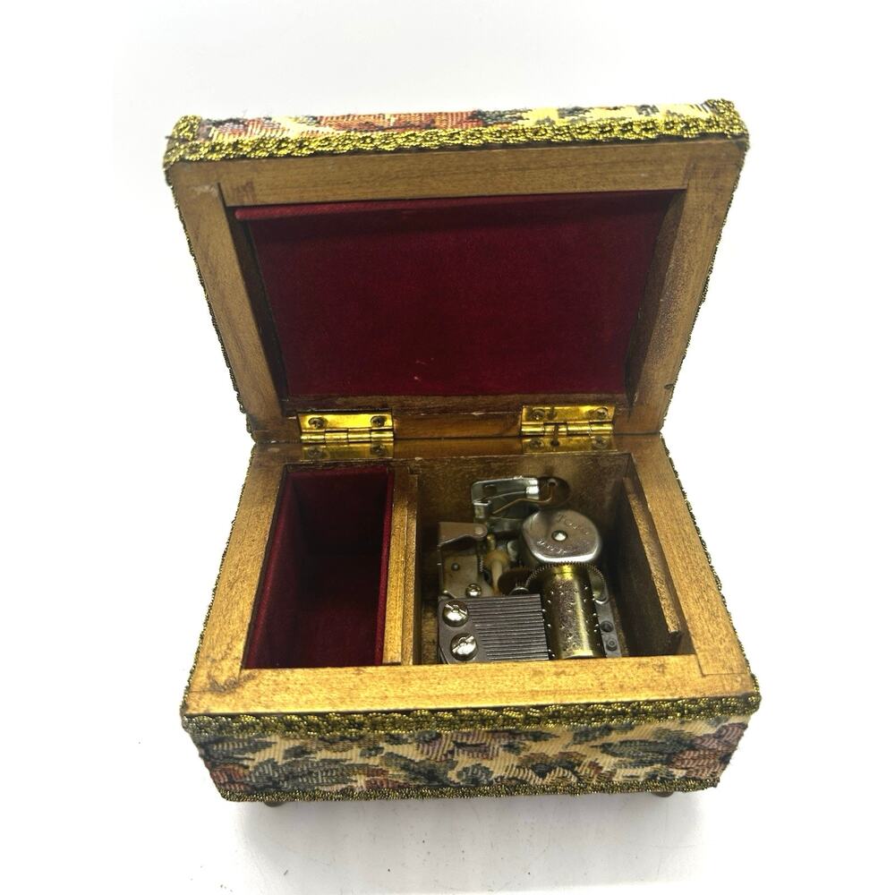 Vintage Tapestry Music Jewelry Box Floral Gold Trim Red Velvet Interior WORKS